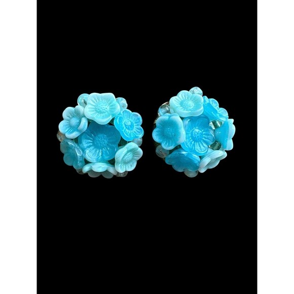 Jewelry - Vintage Germany Blue Glass Flower Cluster Clip On Earrings Mid Century